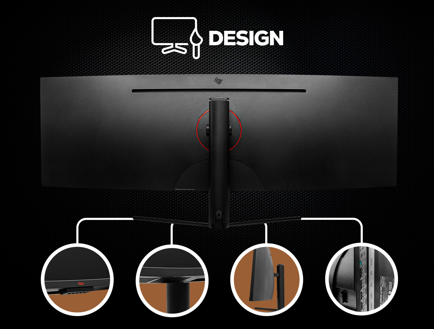 Detalhes da parte traseira do monitor com o título Design
