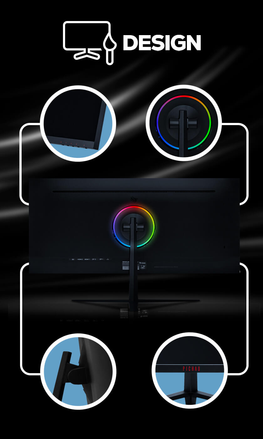 Parte traseira do monitor com detalhes e iluminação RGB