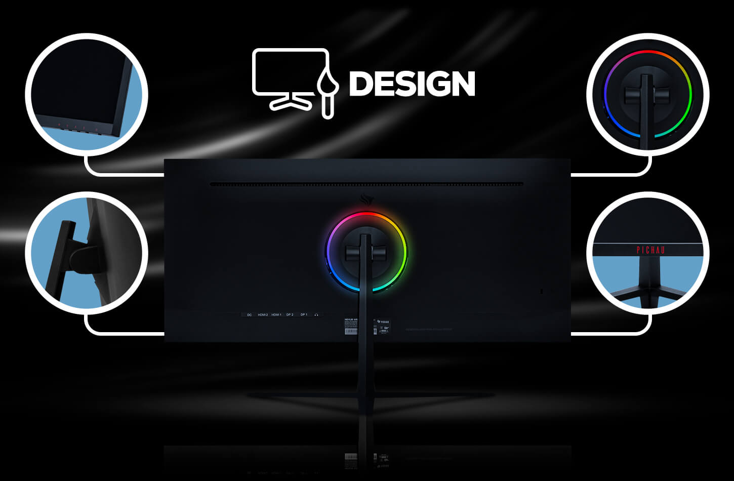 Parte traseira do monitor com detalhes e iluminação RGB